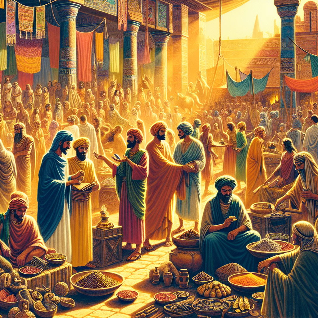Realistic illustration of ancient traders and merchants in a diverse marketplace setting.