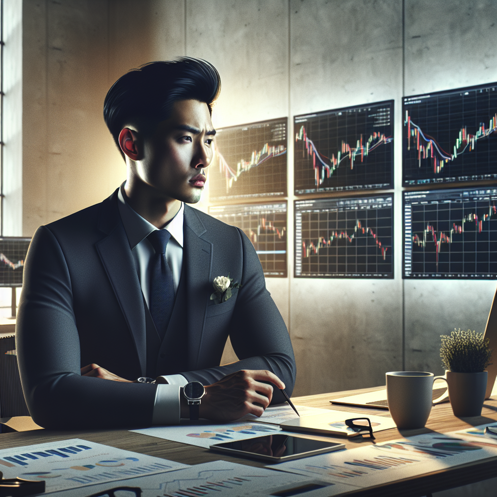 Person analyzing stock market trends using multiple screens in an office setting.