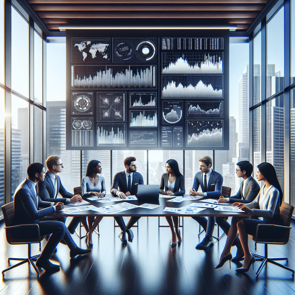 Professionals discussing investment strategies around a table.