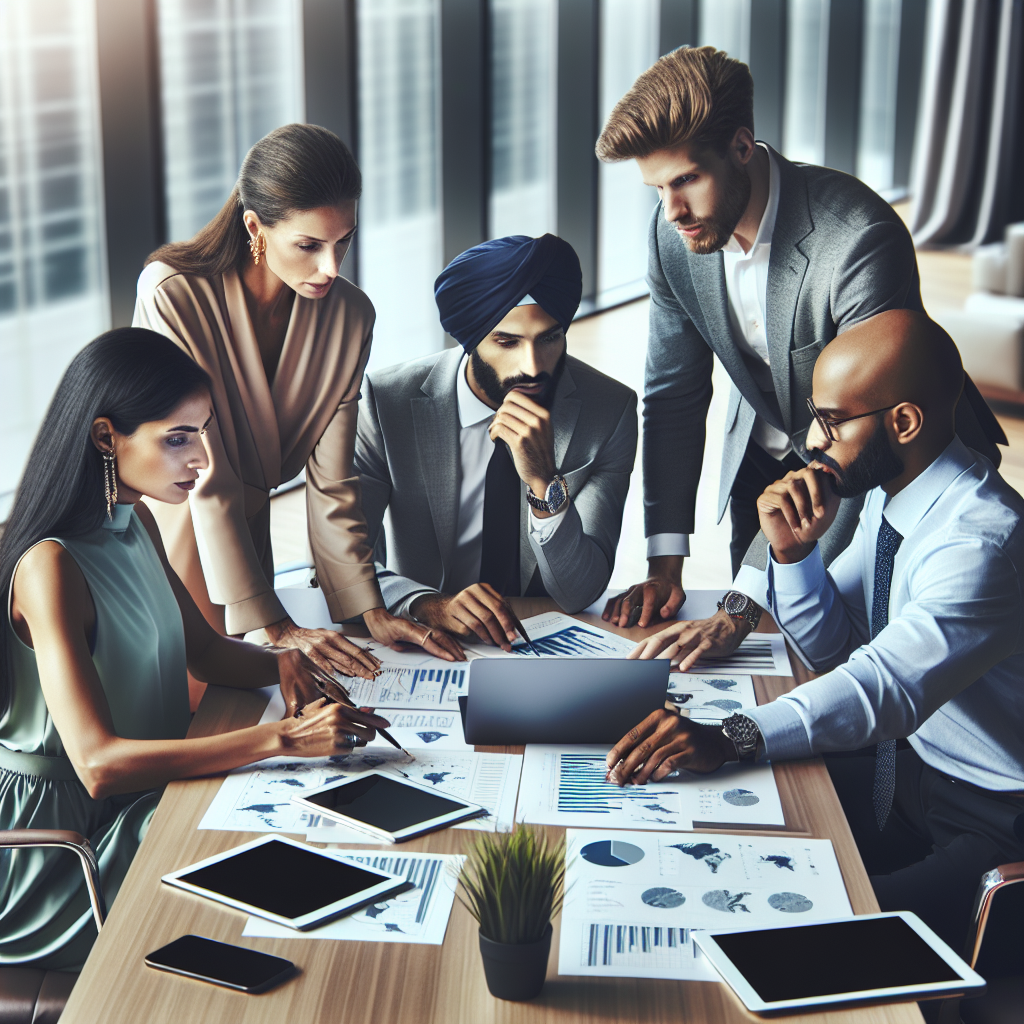 A diverse group of investors analyzing financial charts in a modern office.