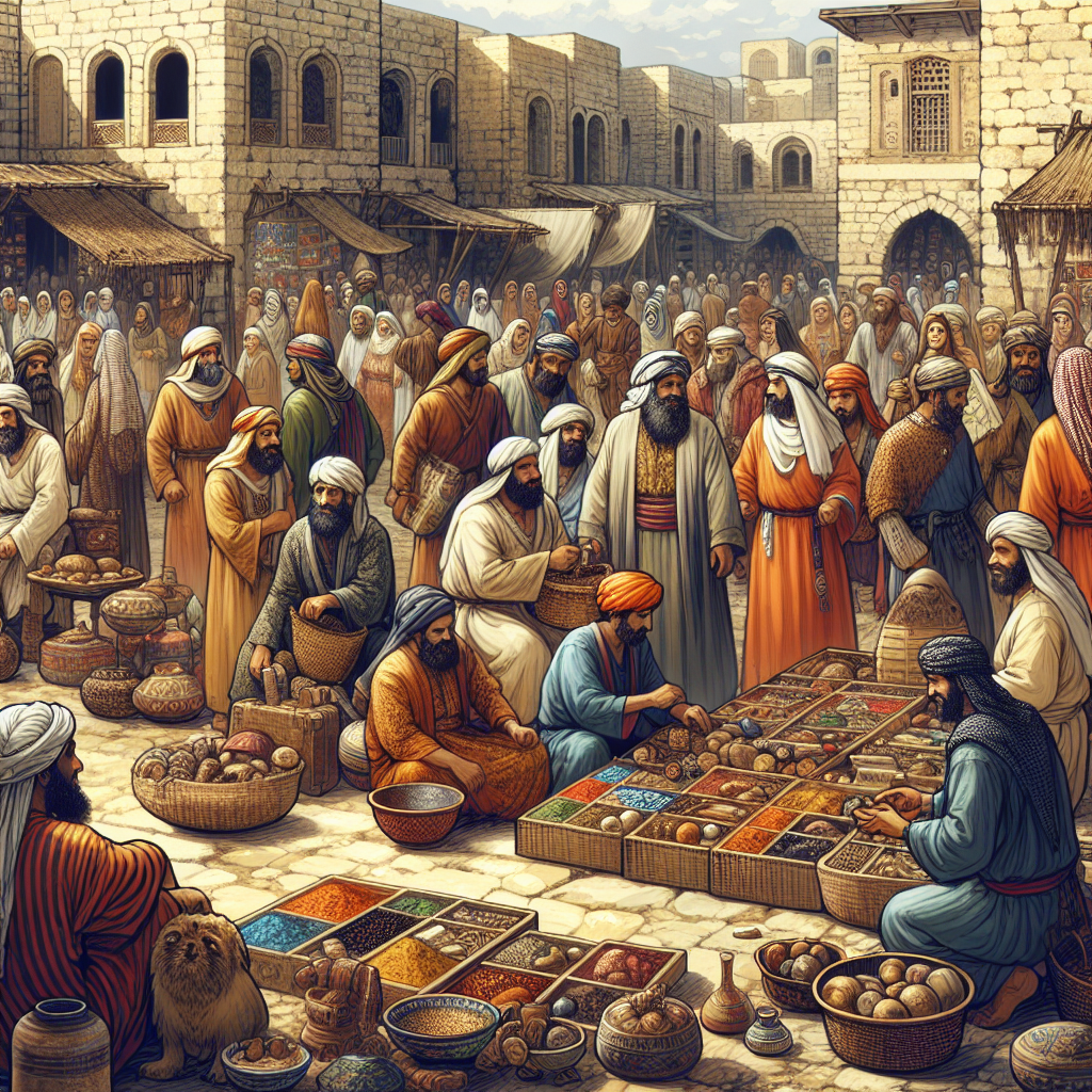 Depiction of ancient merchants in a marketplace showcasing trade and cultural diversity.