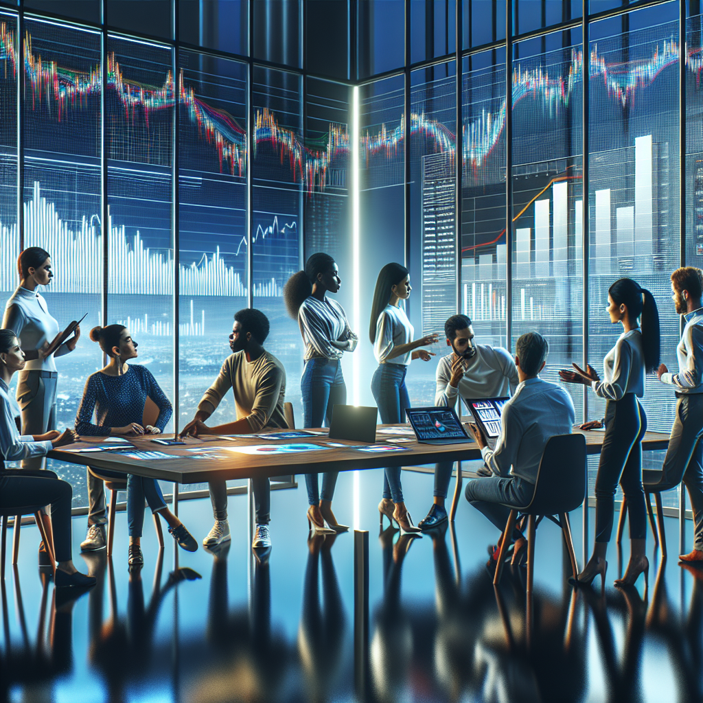 A diverse team discussing financial strategies with charts in a modern office.