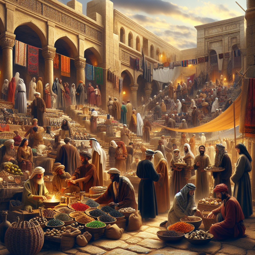 A bustling ancient marketplace scene showcasing the origins of entrepreneurship.