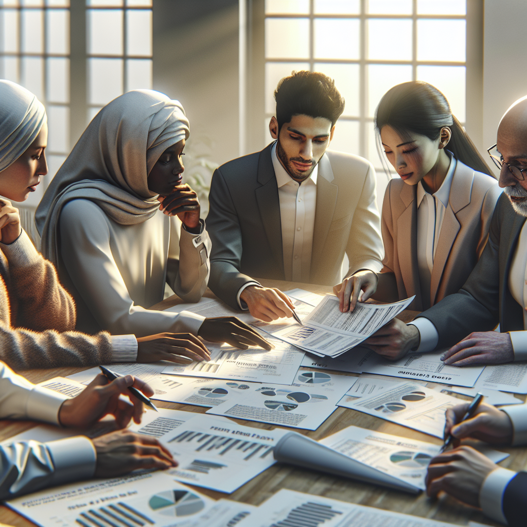 A diverse group discussing retirement planning strategies with charts and documents on a table.