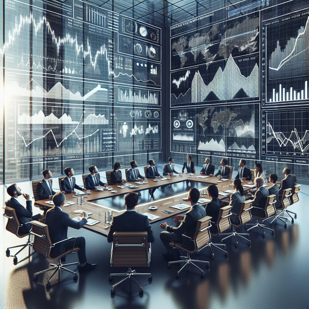 A boardroom scene illustrating factors influencing changes in investment strategy, with people discussing around charts.