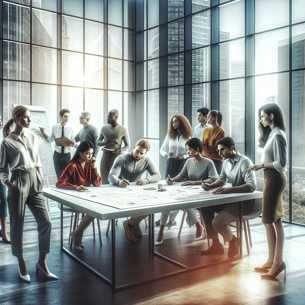 A diverse group collaborating in a modern office, symbolizing entrepreneurship development.