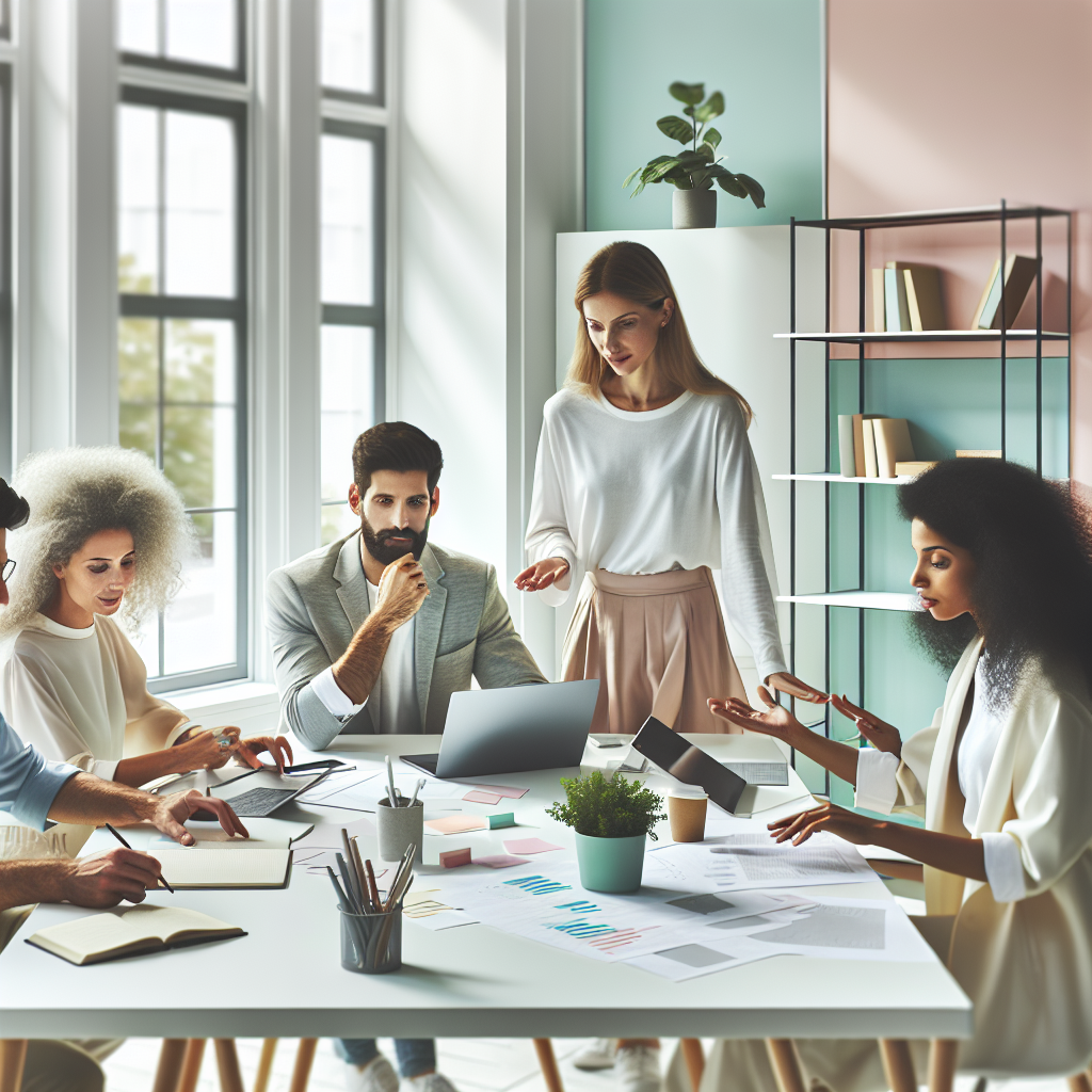 A diverse group of entrepreneurs collaborating at a modern workspace with laptops and notes.