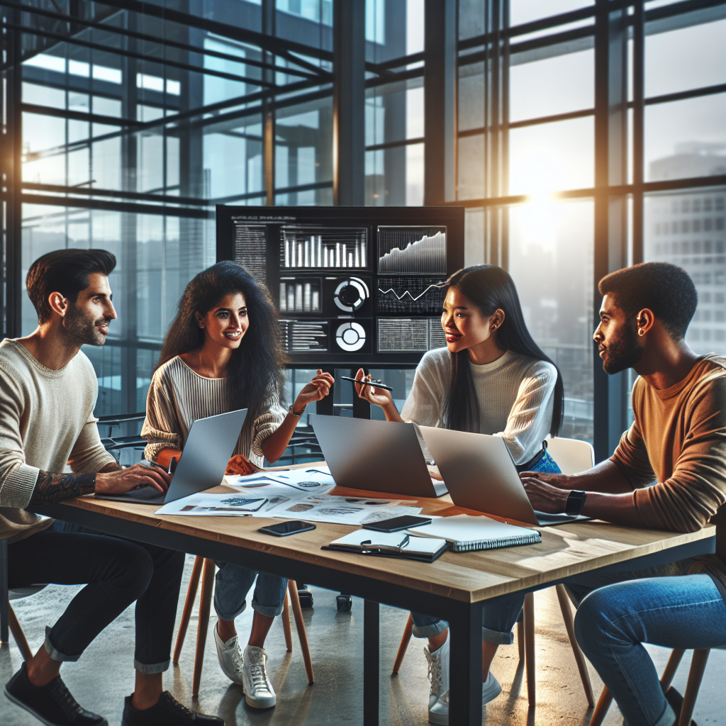 A realistic image of young professionals discussing in an urban office setting, representing entrepreneurship development.