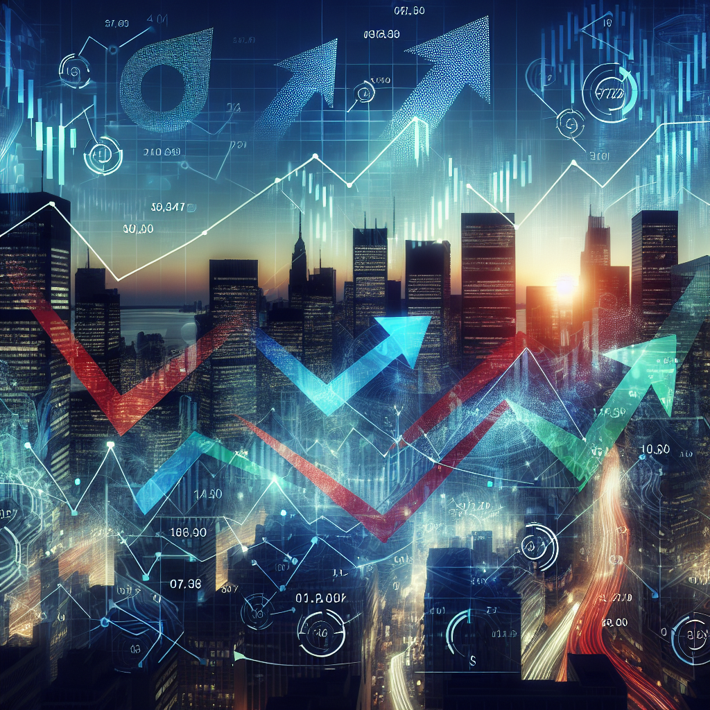 An abstract financial scene representing dynamic investment strategy changes, featuring market trends and a financial district skyline.