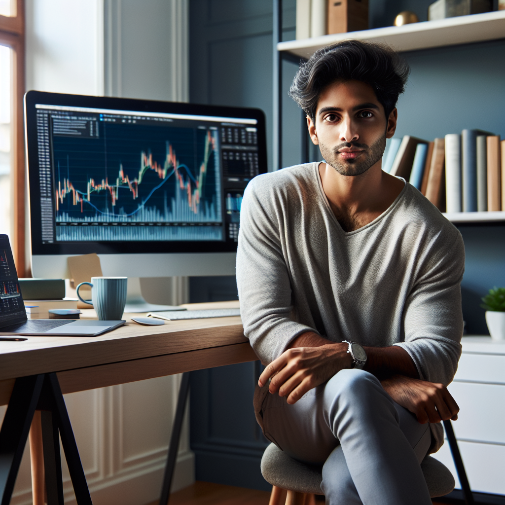 A young adult focused on investment strategies at a modern desk with finance books and a computer displaying stock graphs.