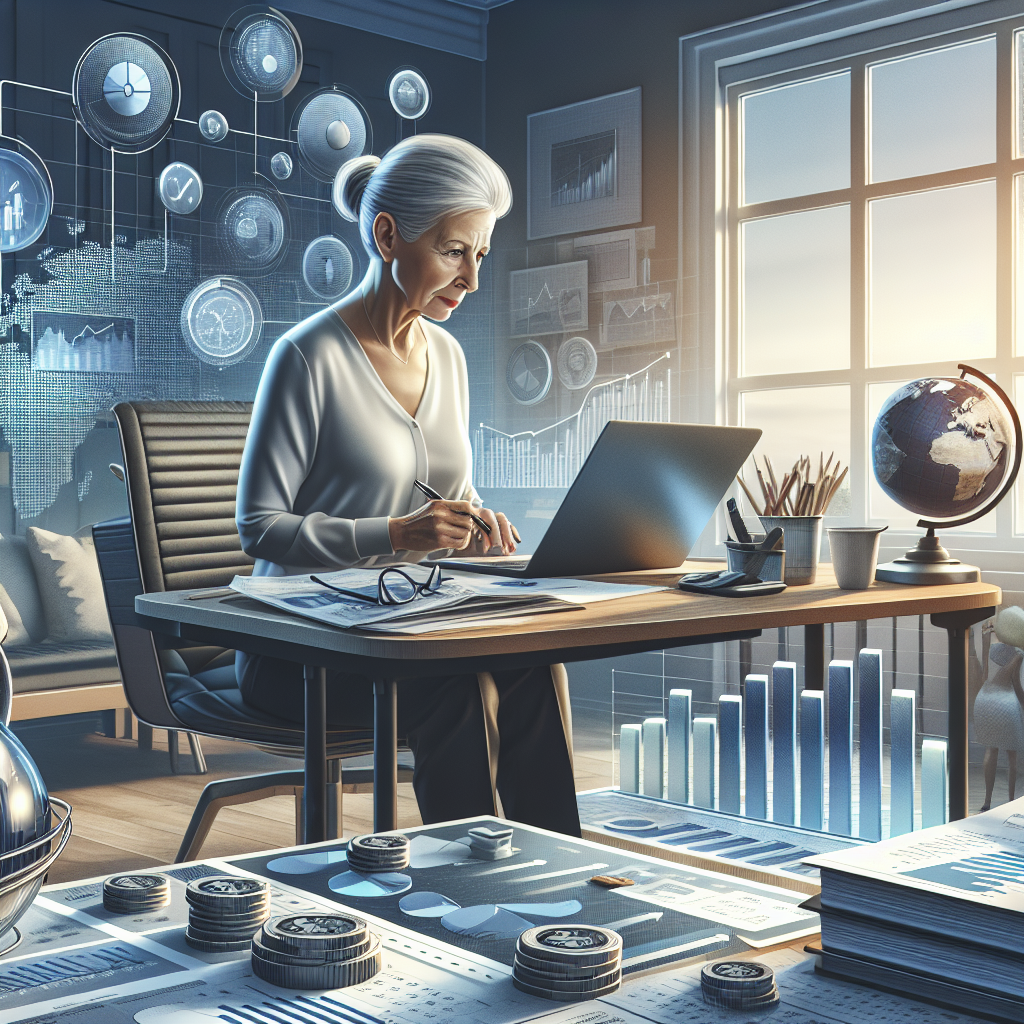 An individual planning for early retirement in a home office with financial symbols like graphs and a globe.