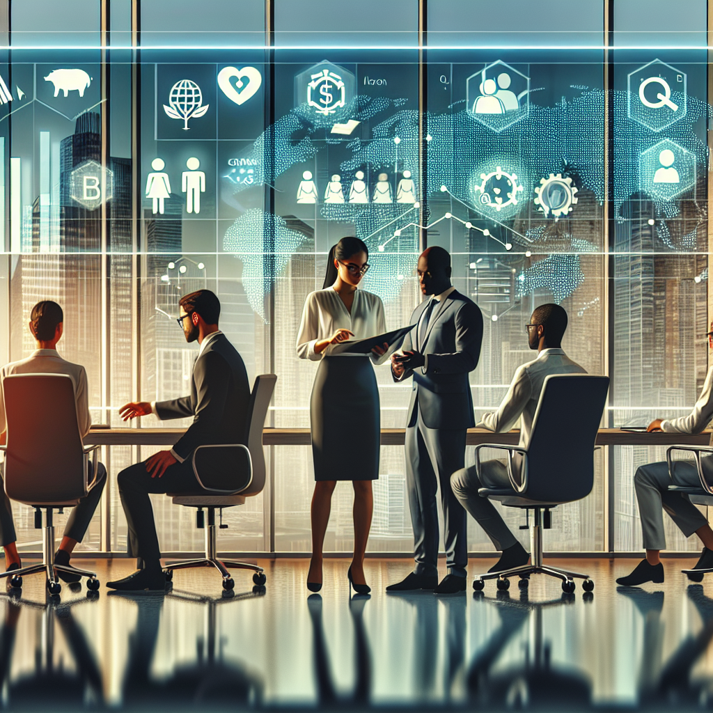 A realistic depiction of professionals discussing Socially Responsible Investing strategies in a modern office.