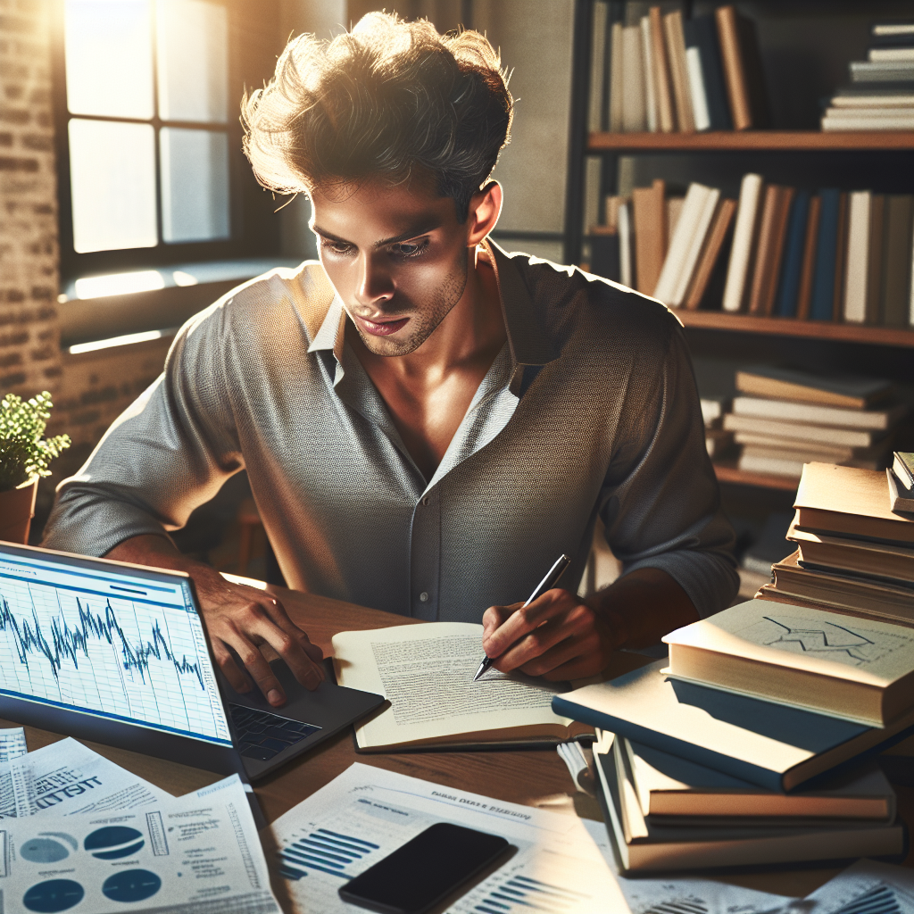 A young adult focused on financial planning at a desk with documents and a laptop.