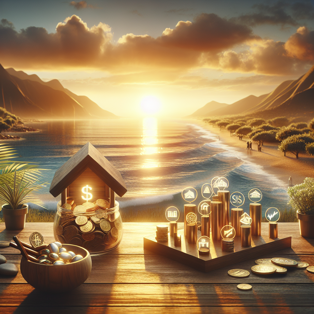 Illustration of an early retirement investment concept with a sunrise over a seaside, featuring financial asset icons.