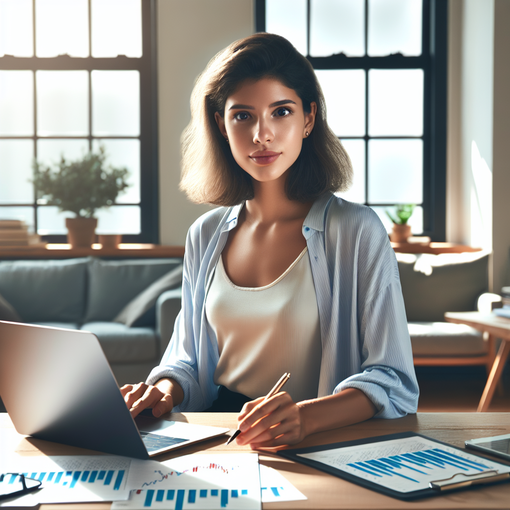 A young adult analyzing financial charts on a laptop in a home office setting.