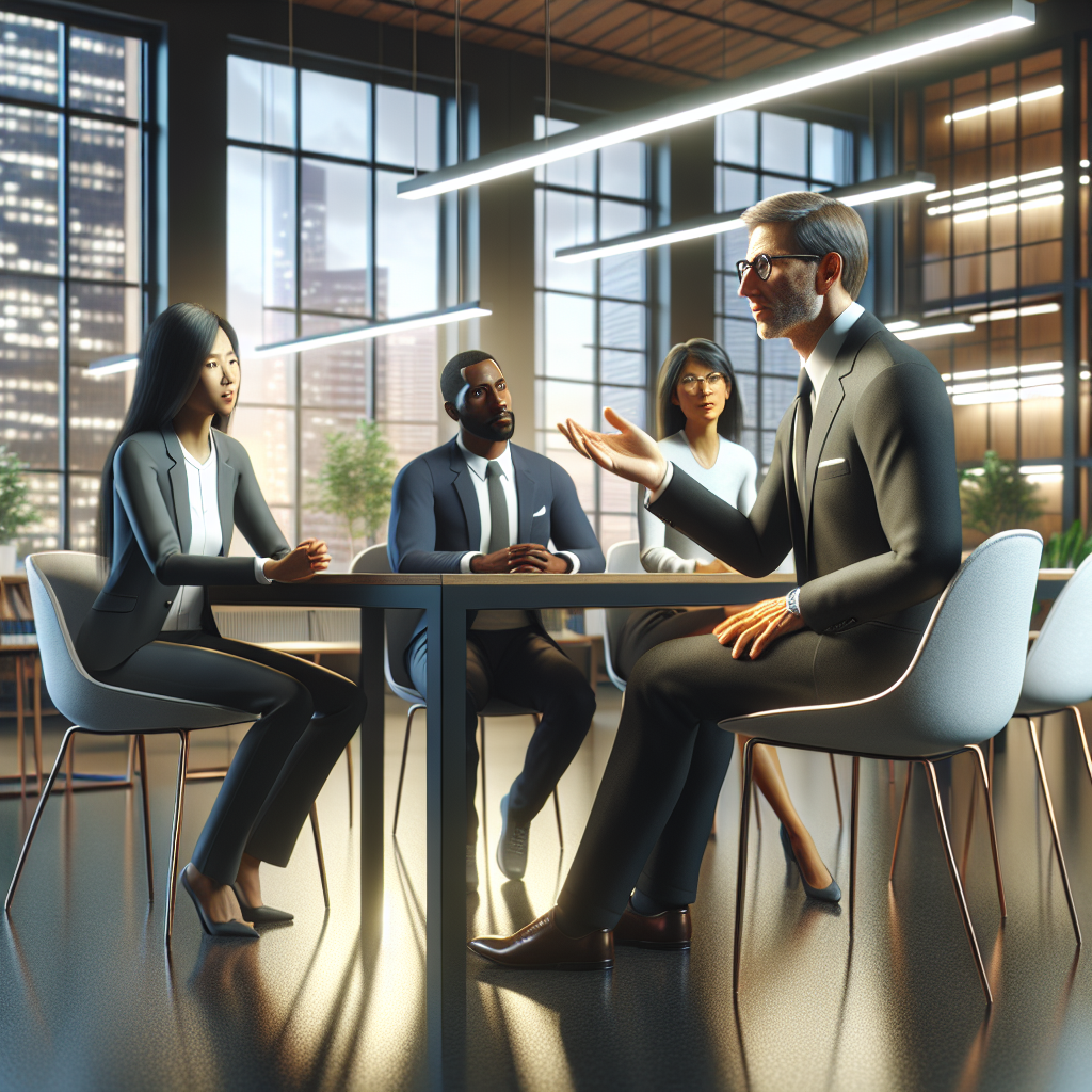 A financial advisor explaining SRI strategies to a diverse group in a modern office.