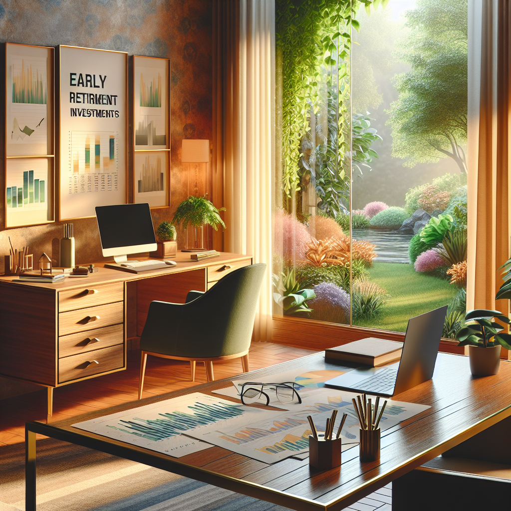 Home office symbolizing early retirement investments with investment items and greenery visible outside the window.