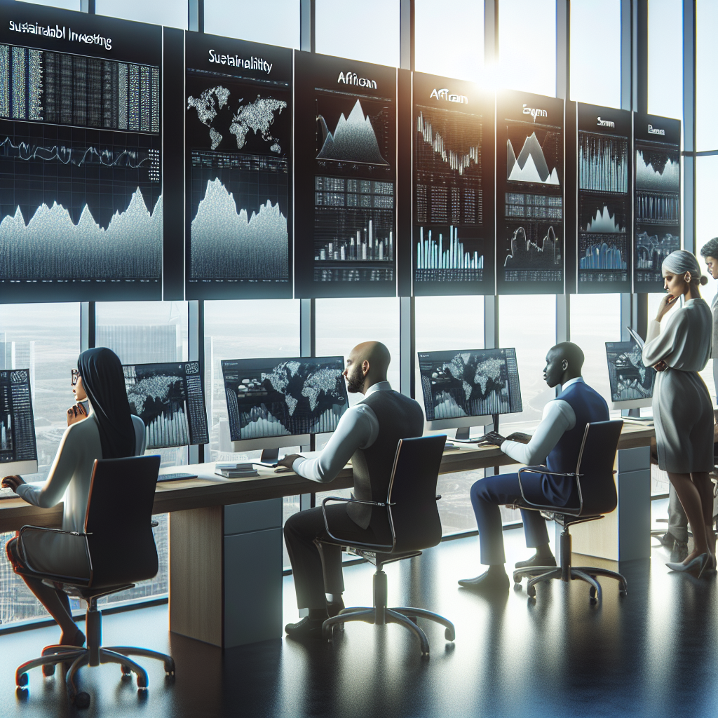 Diverse group of professional investors analyzing financial data related to SRI strategies in a modern office.