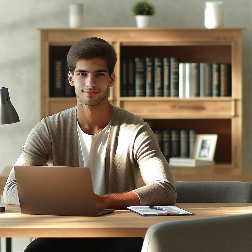 Young adult at desk with laptop, symbolizing investment journey.