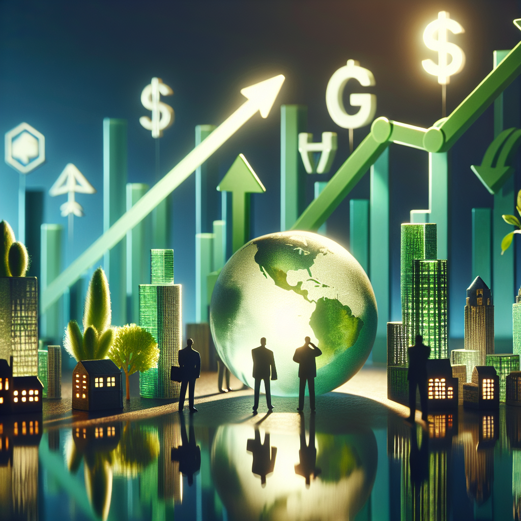 A realistic scene symbolizing socially responsible investing strategies with green arrows and urban landscapes.