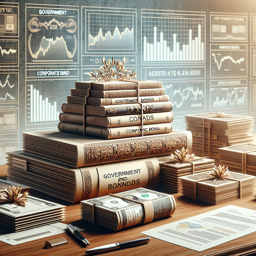 A realistic depiction of fixed income investments including bonds and financial charts.