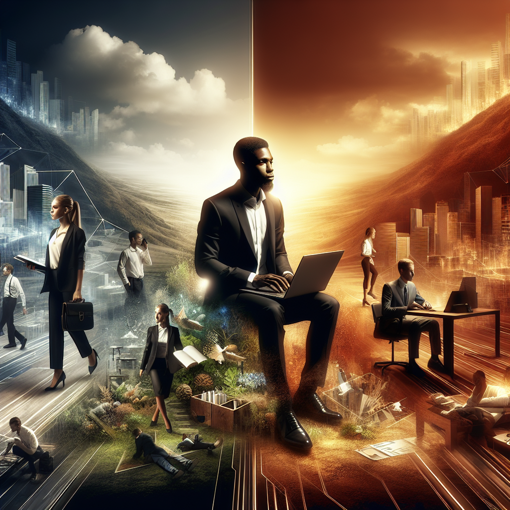 A symbolic representation of entrepreneurship with diverse individuals in a modern office setting.