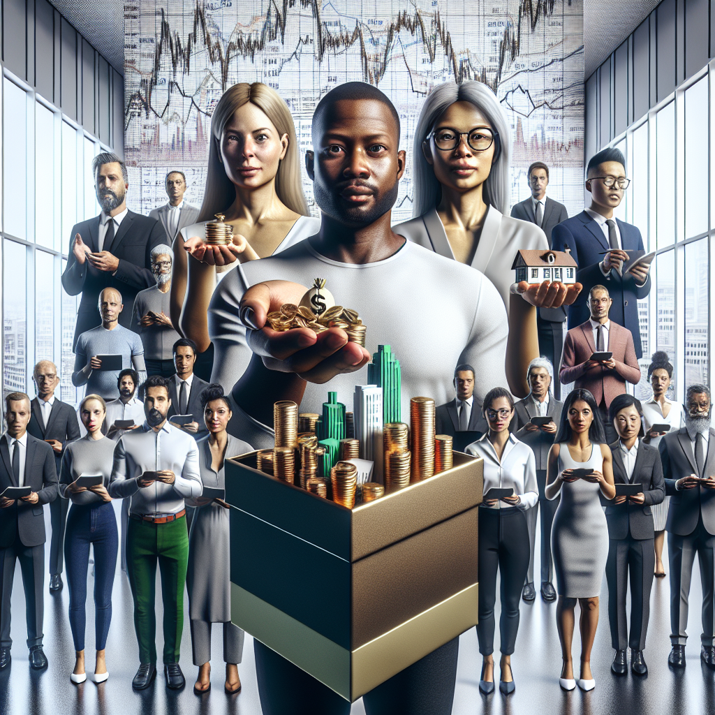 People of diverse ethnicities holding symbolic investment items around a TFSA box in a corporate setting.