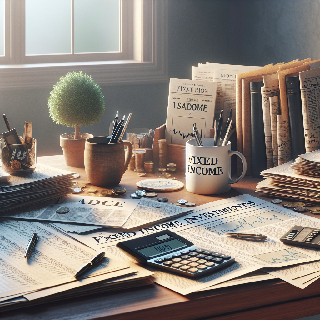 A realistic office desk with financial documents and a cup of coffee, symbolizing fixed income investments.