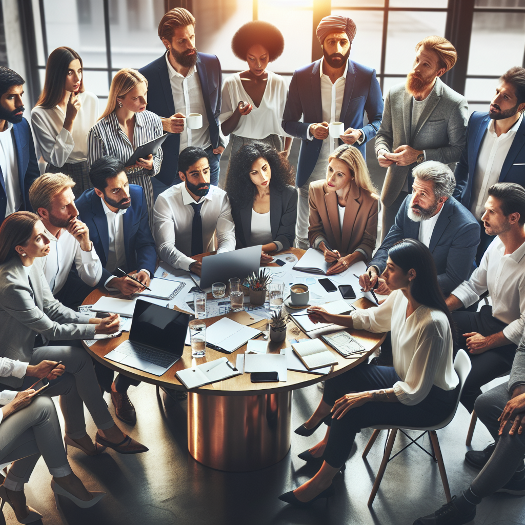 Diverse group of entrepreneurs having a brainstorming session in a modern office.