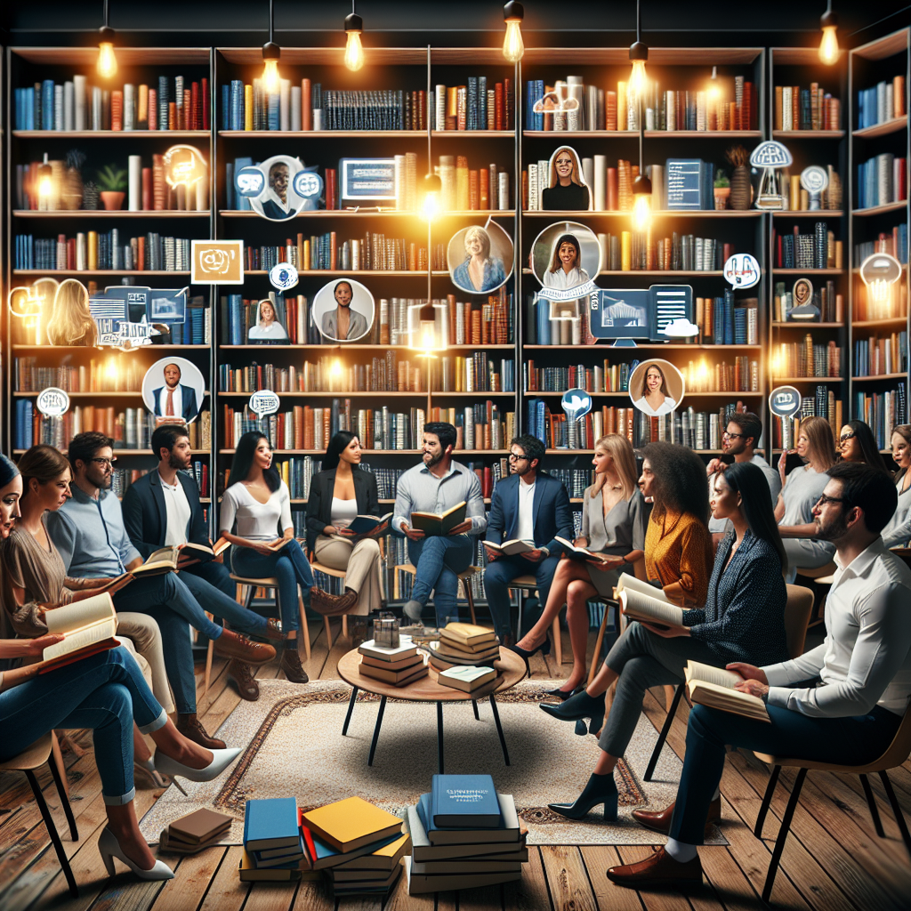 A diverse group of people in a cozy room filled with books on entrepreneurship and business, engaging in discussion.