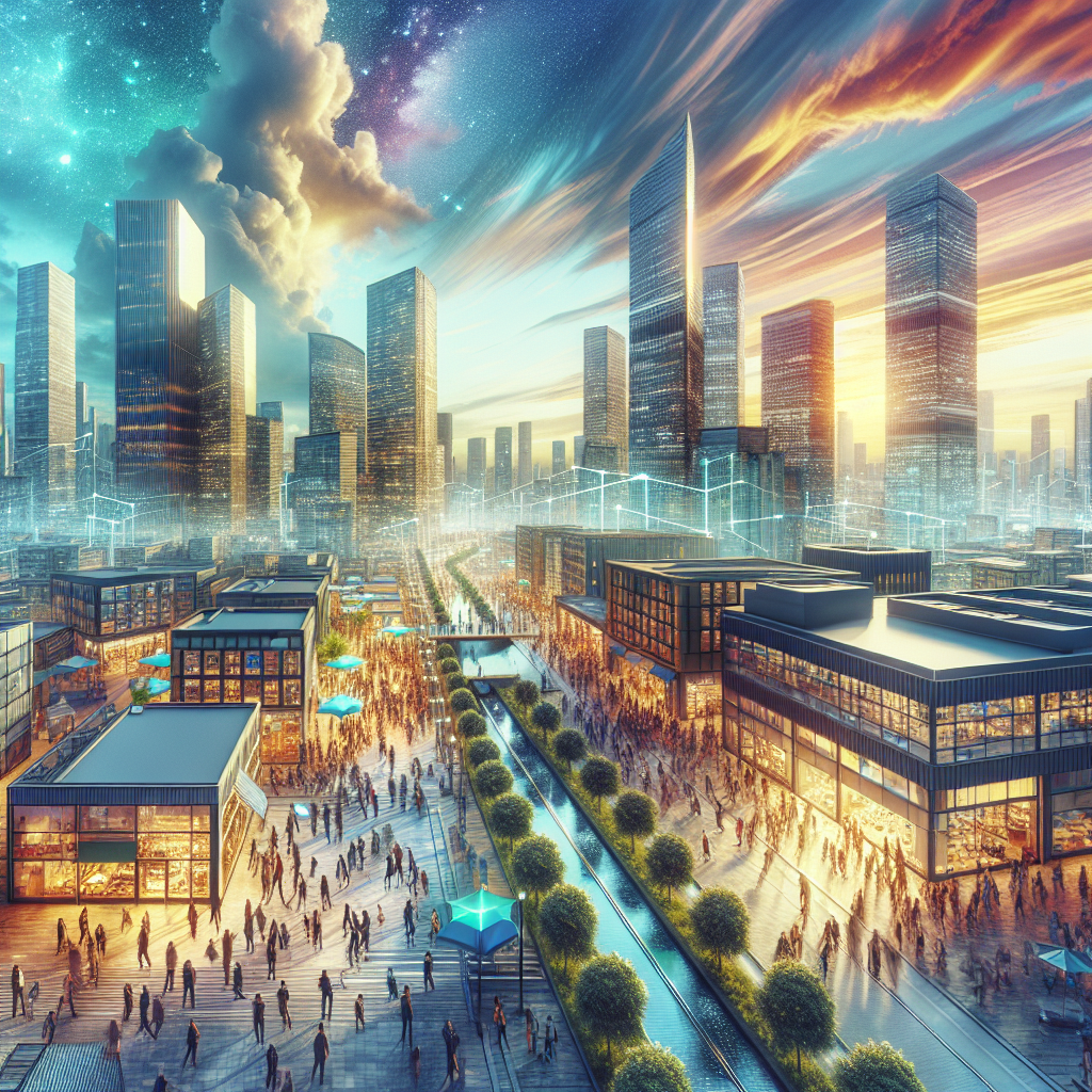 A realistic landscape of a bustling entrepreneurial city hotspot with skyscrapers and tech hubs.