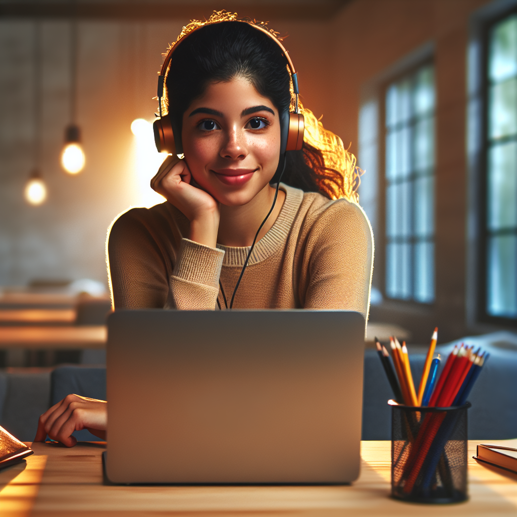 A young entrepreneur wearing headphones while using a laptop, set in a modern office, to symbolize listening to podcasts for business insights.