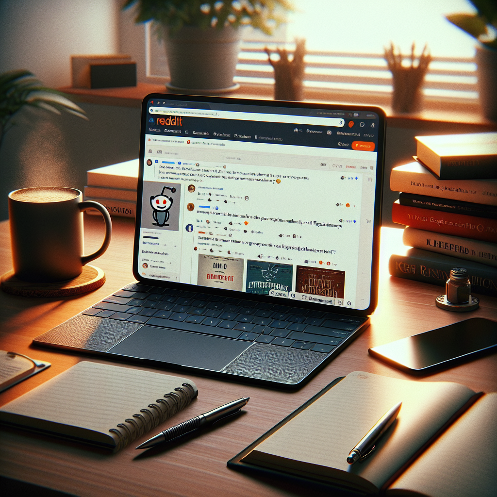 A digital workspace featuring Reddit on a screen discussing book recommendations for entrepreneurship.