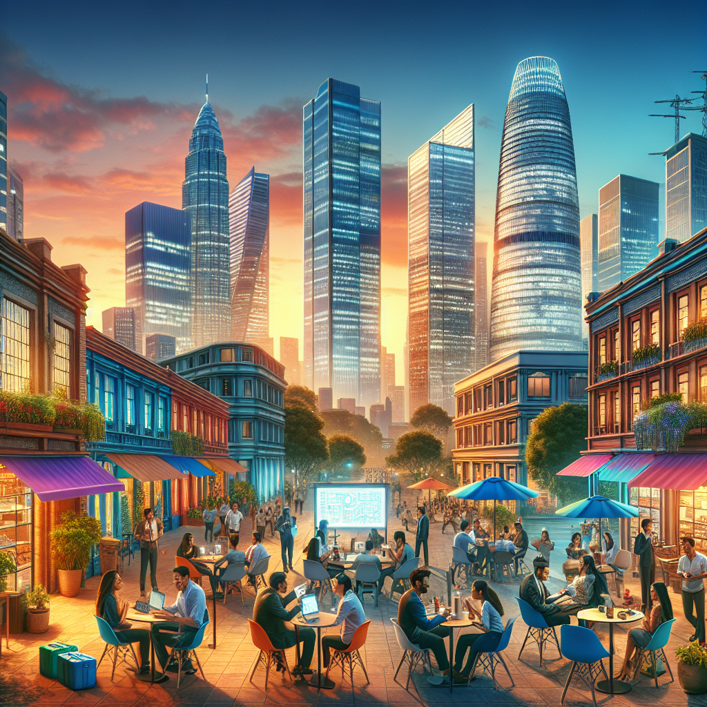 A bustling city depicting an entrepreneurial hotspot with diverse professionals and modern architecture.