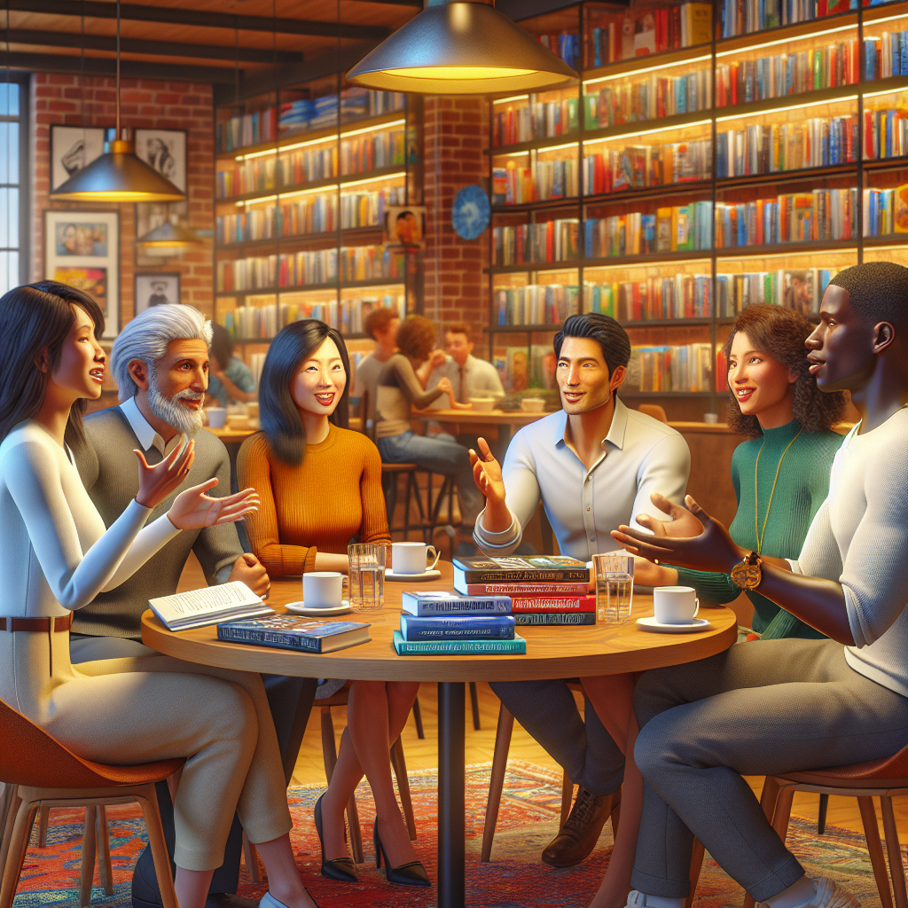 A group of diverse people discussing entrepreneurship books in a modern cafe.