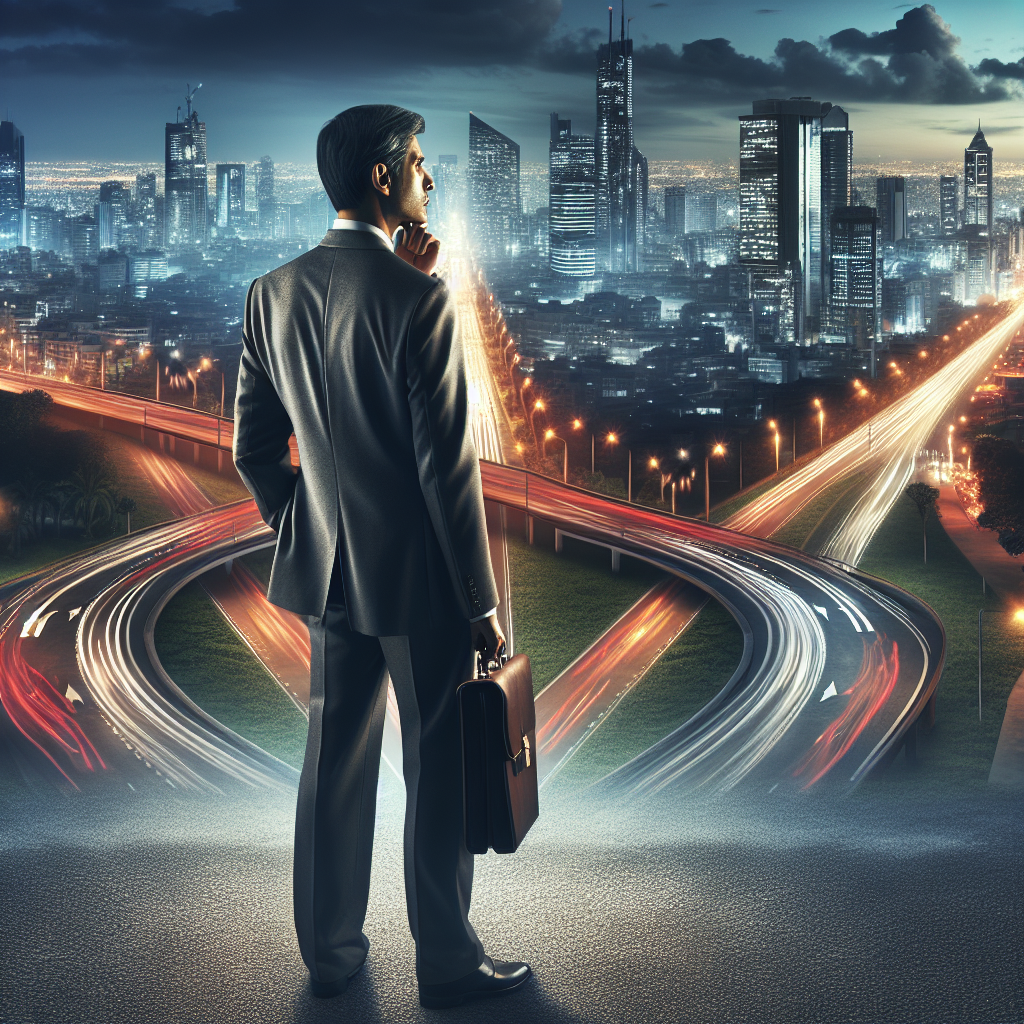A businessman at a crossroads with a city skyline ahead, symbolizing an entrepreneurial journey.