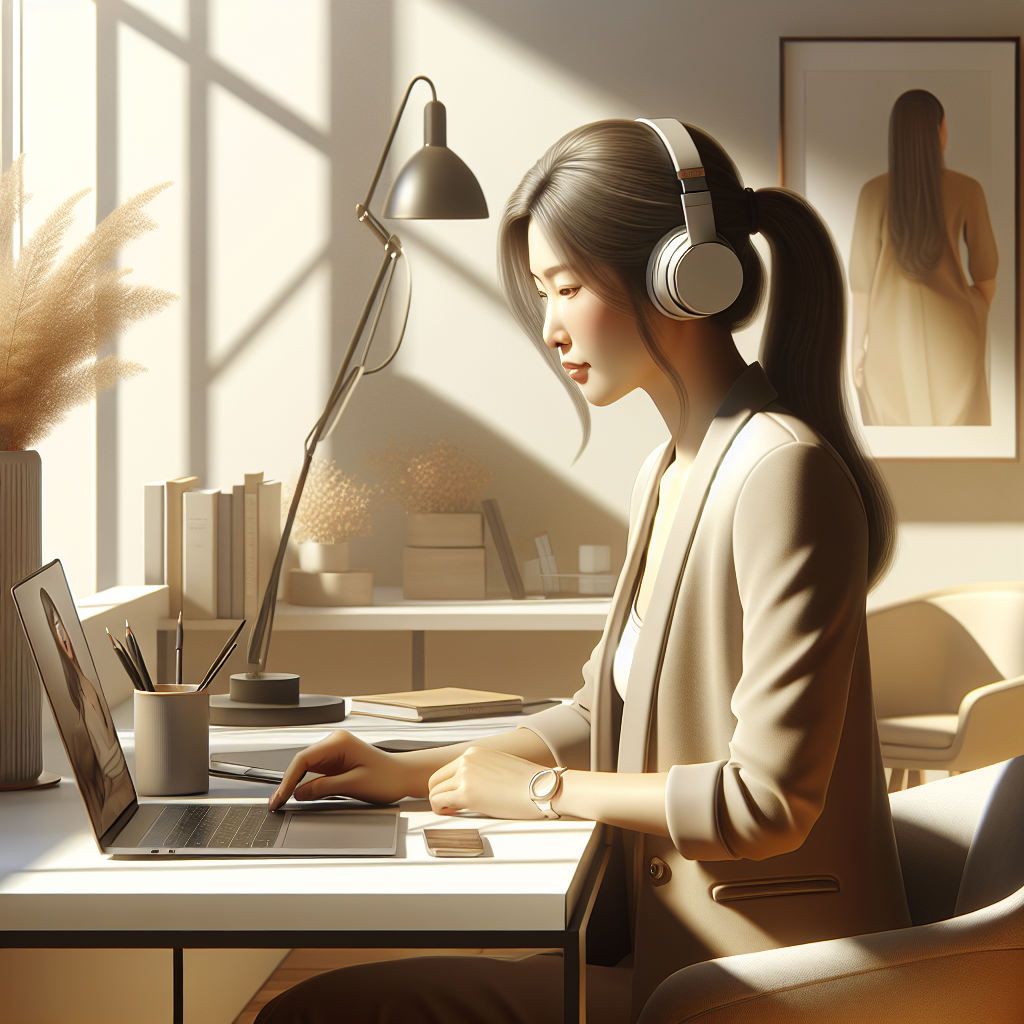 An entrepreneur in a modern home office engaging with a podcast.