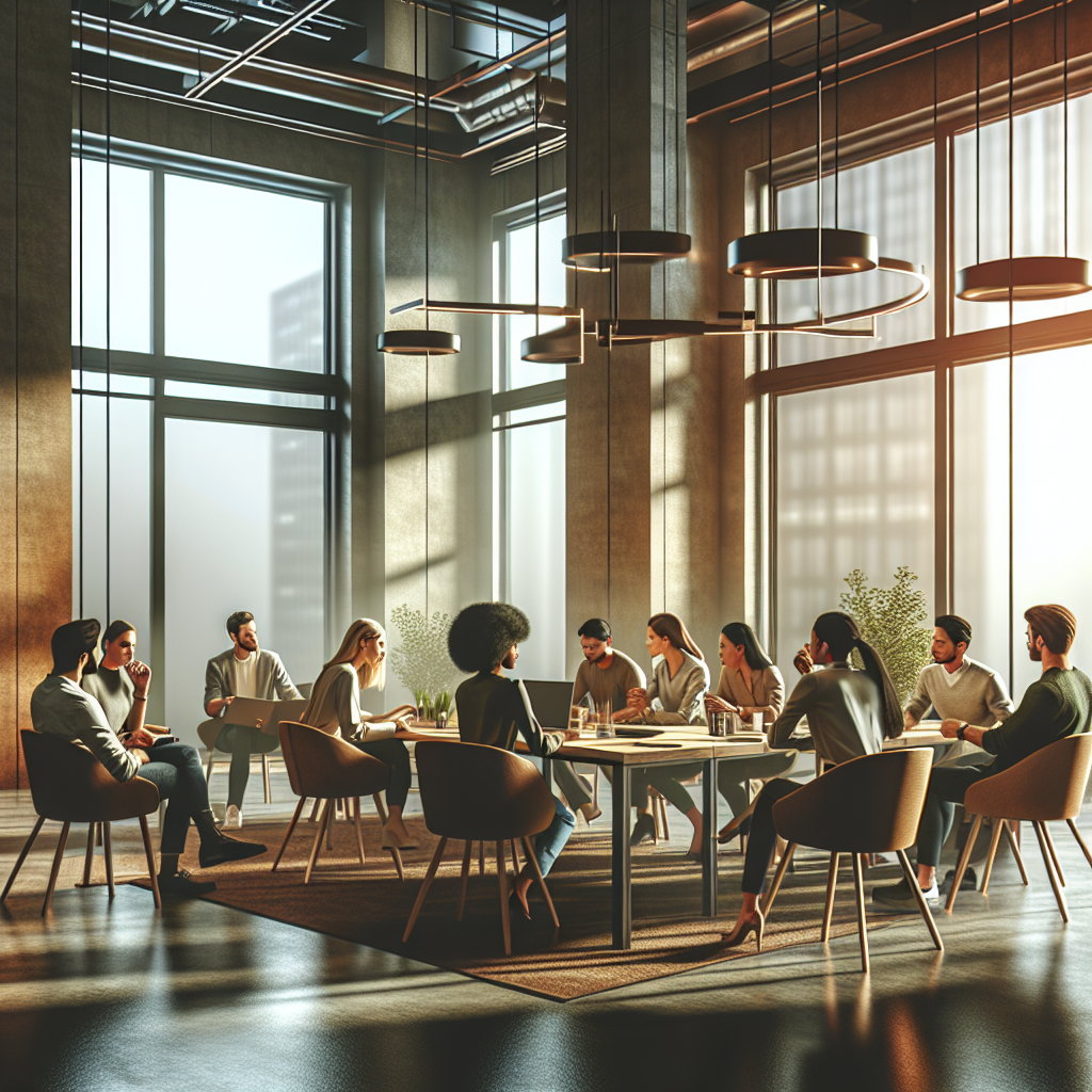 A diverse group of entrepreneurs in a modern workspace, collaborating energetically.