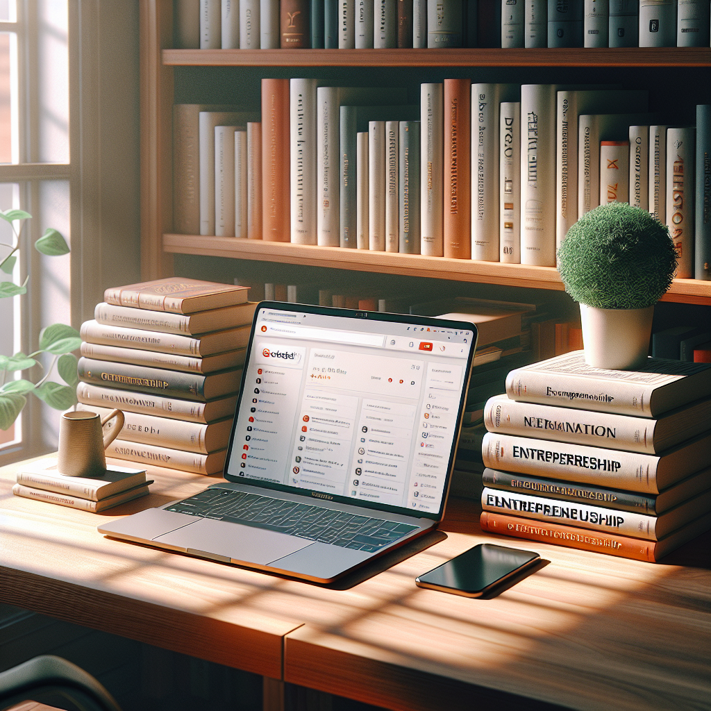A modern desk with a laptop showing Reddit and entrepreneurship books.