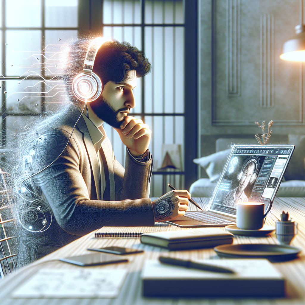 A modern entrepreneur listening to a podcast at a desk with a laptop and coffee.