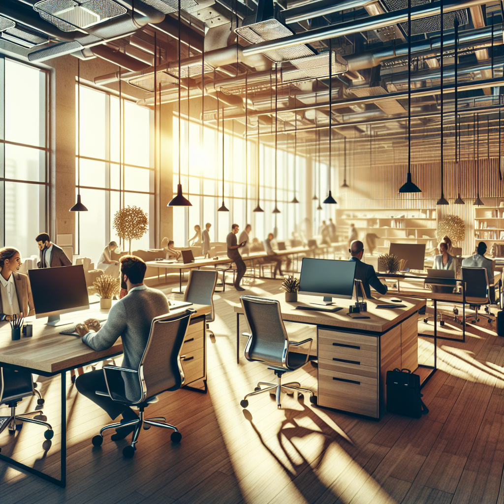 Modern co-working space bustling with diverse individuals, highlighting ergonomic furniture and contemporary design.