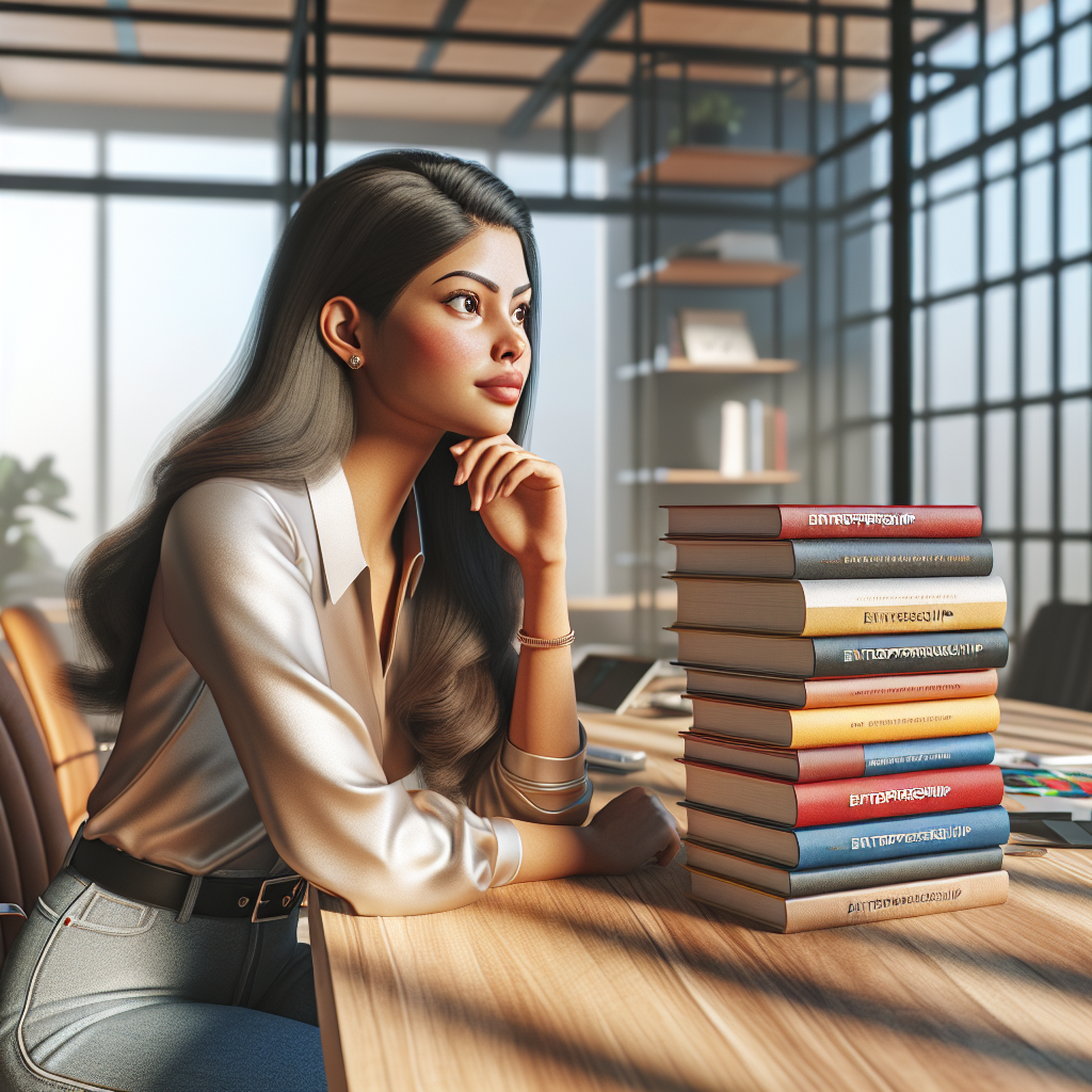 Entrepreneur in a modern workspace pondering over a stack of colorful entrepreneurship books.
