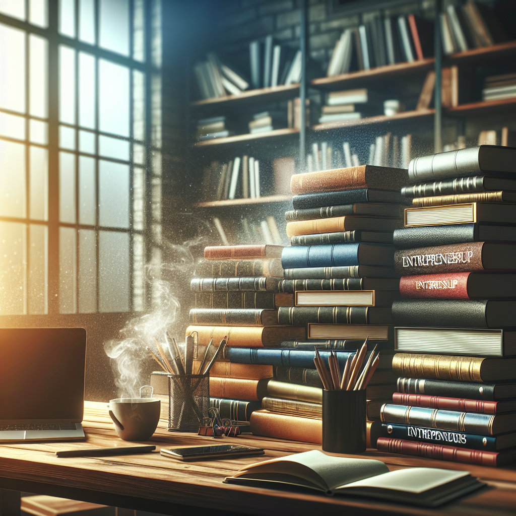 A realistic entrepreneur's workspace featuring books, a laptop, and coffee.