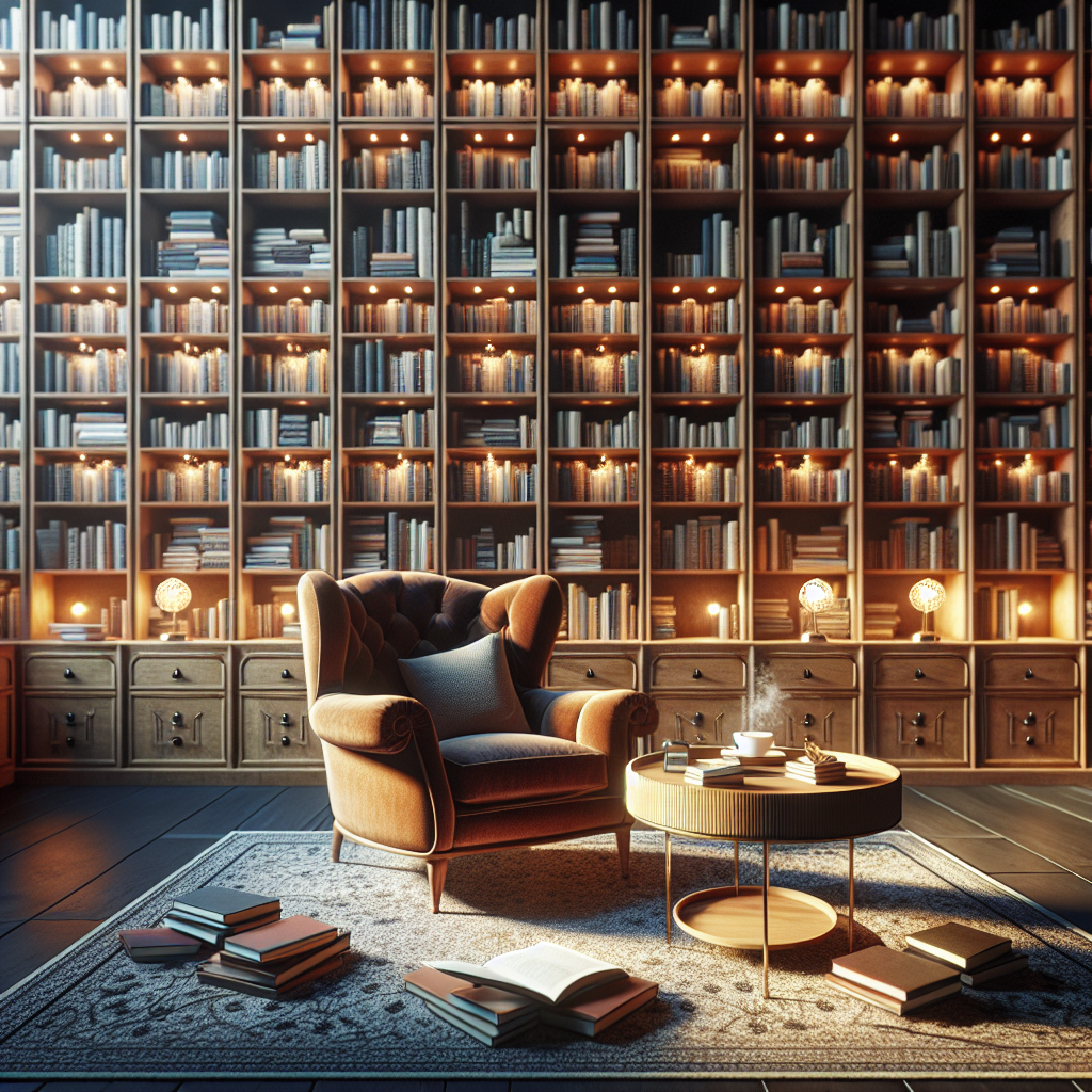 A cozy reading nook in a modern library with books on entrepreneurship.