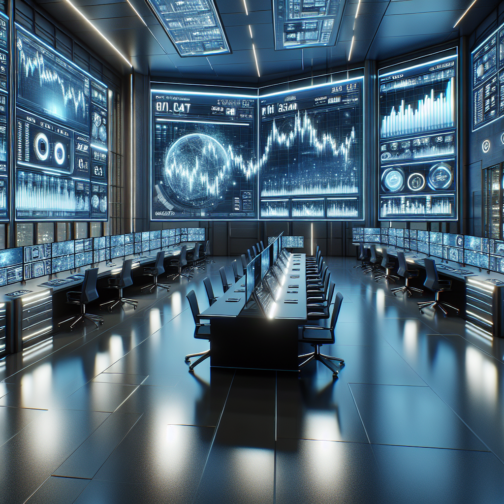 A futuristic trading room with screens showing stock data, depicting a systematic investment environment.