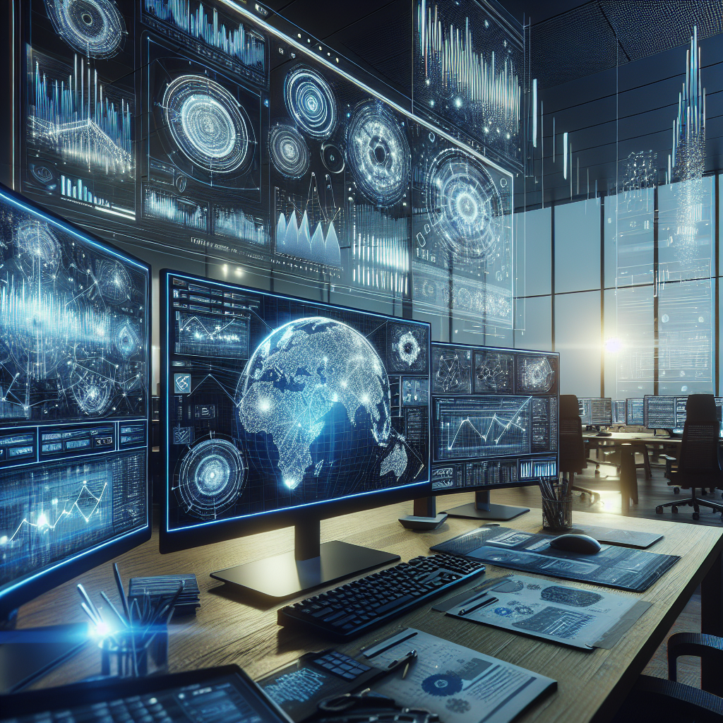 A realistic scene of a modern financial office with computer screens showing data analytics.