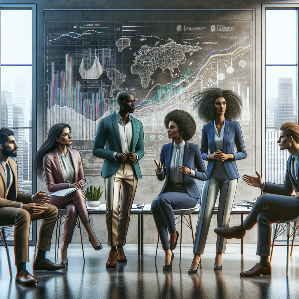 Business professionals discussing investment strategies in a modern office.