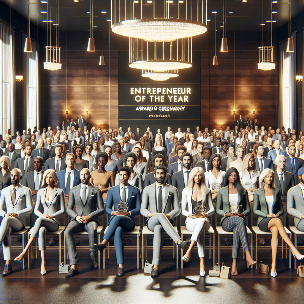 Entrepreneurs gathering at an award ceremony in an elegant conference hall.