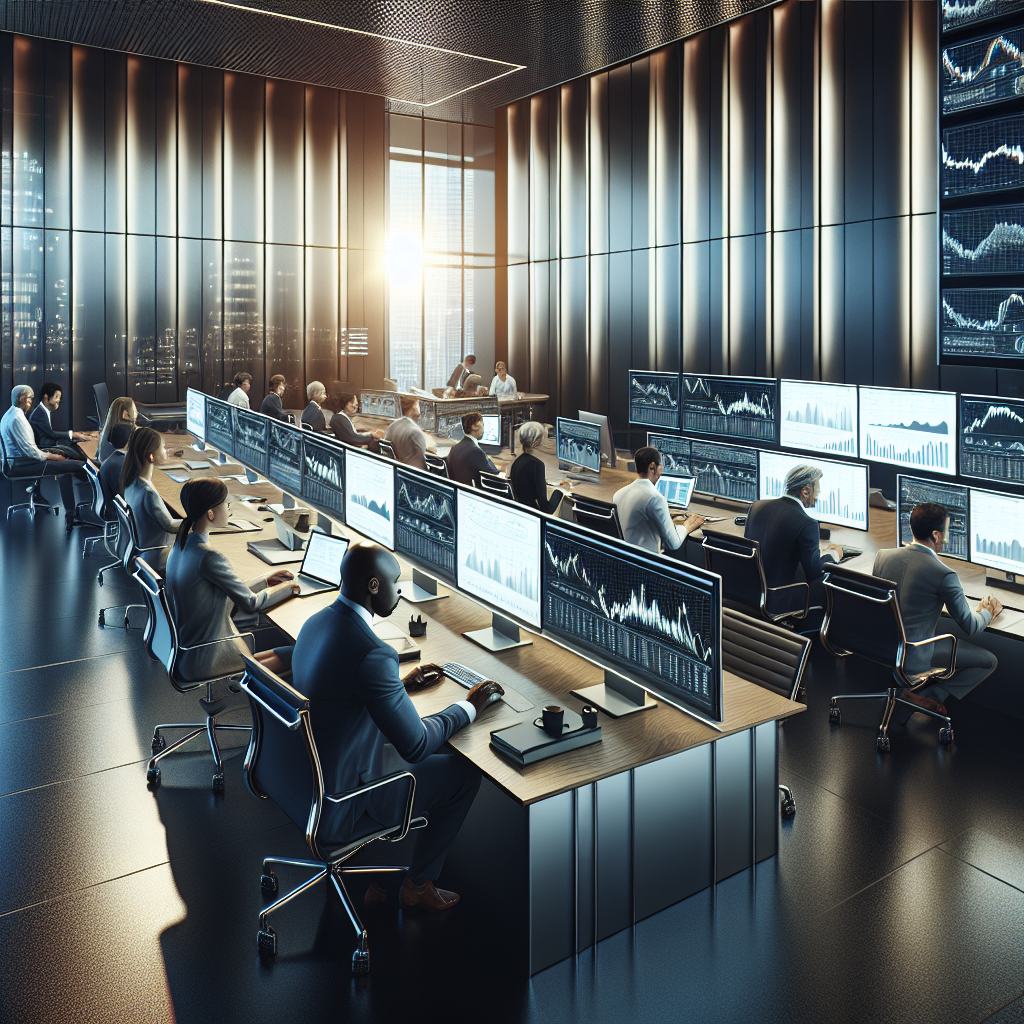 A modern office with professionals discussing investment strategies, computers displaying graphs.
