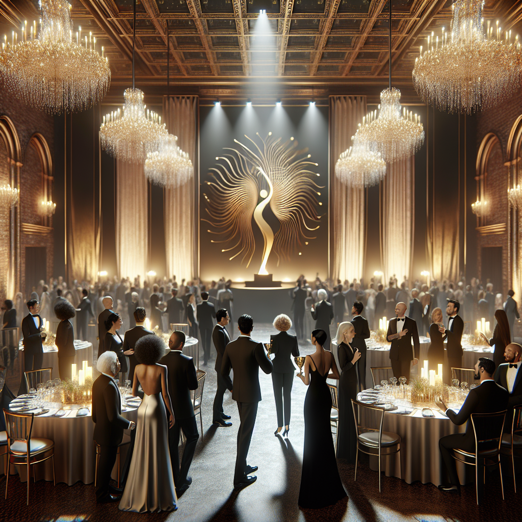 An award ceremony for Entrepreneur of the Year in a banquet hall with diverse attendees and a golden trophy.